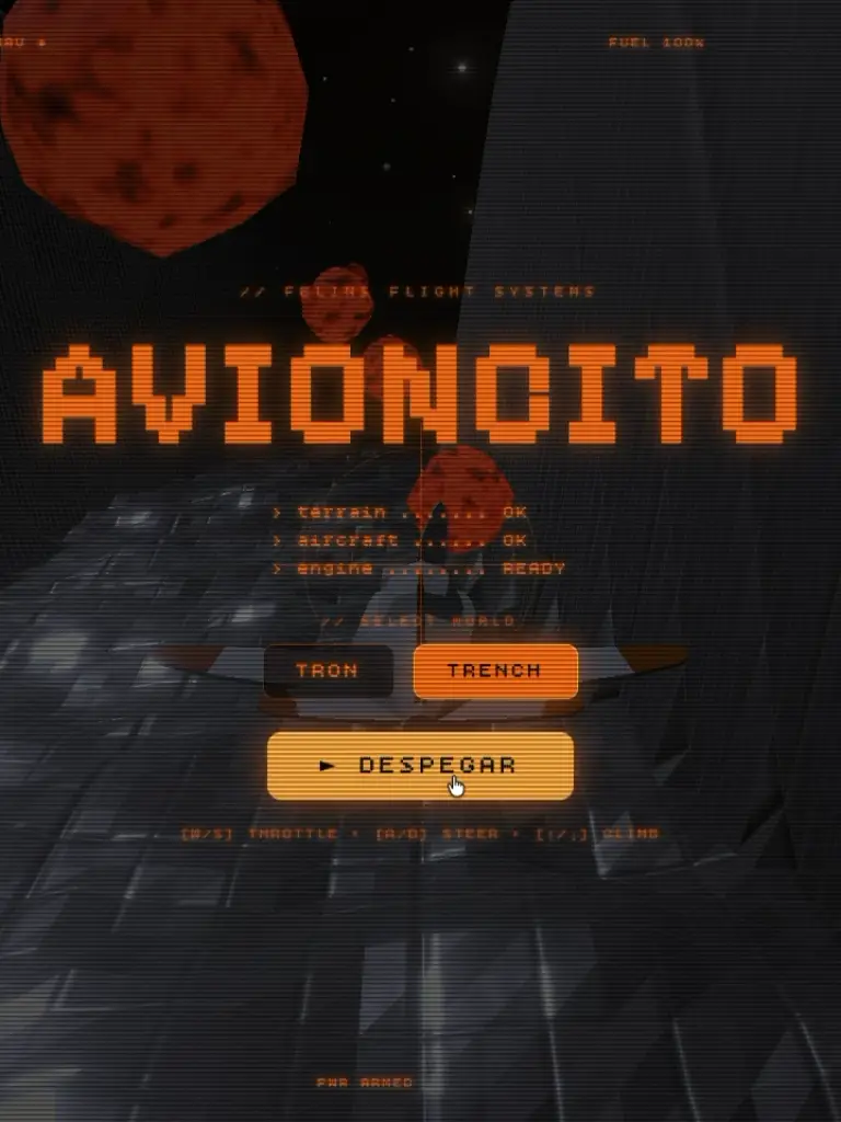 Pantalla de inicio de Avioncito 3D: el título en tipografía pixel naranja sobre el terreno low-poly del juego y el botón Despegar