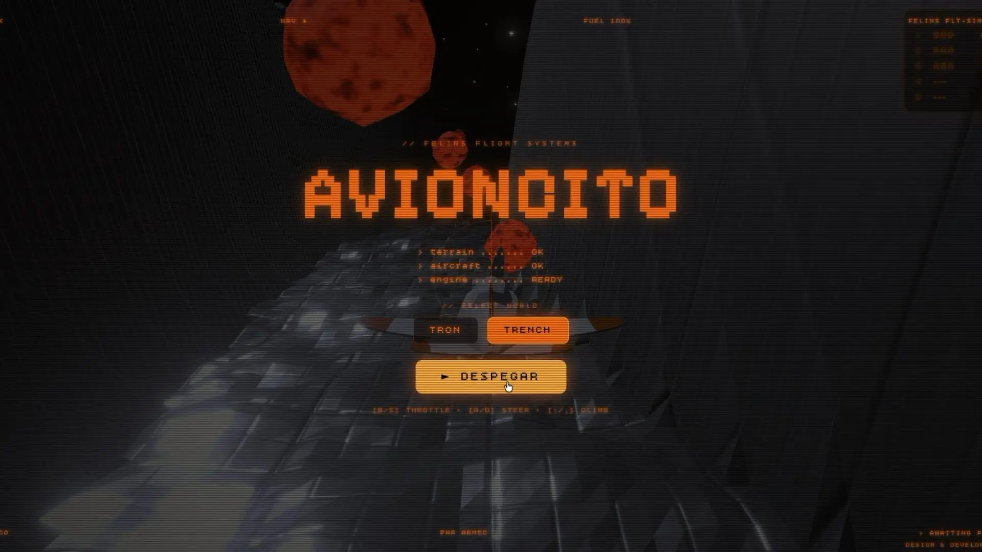 Pantalla de inicio de Avioncito 3D con la selección de mundo TRENCH y el botón Despegar