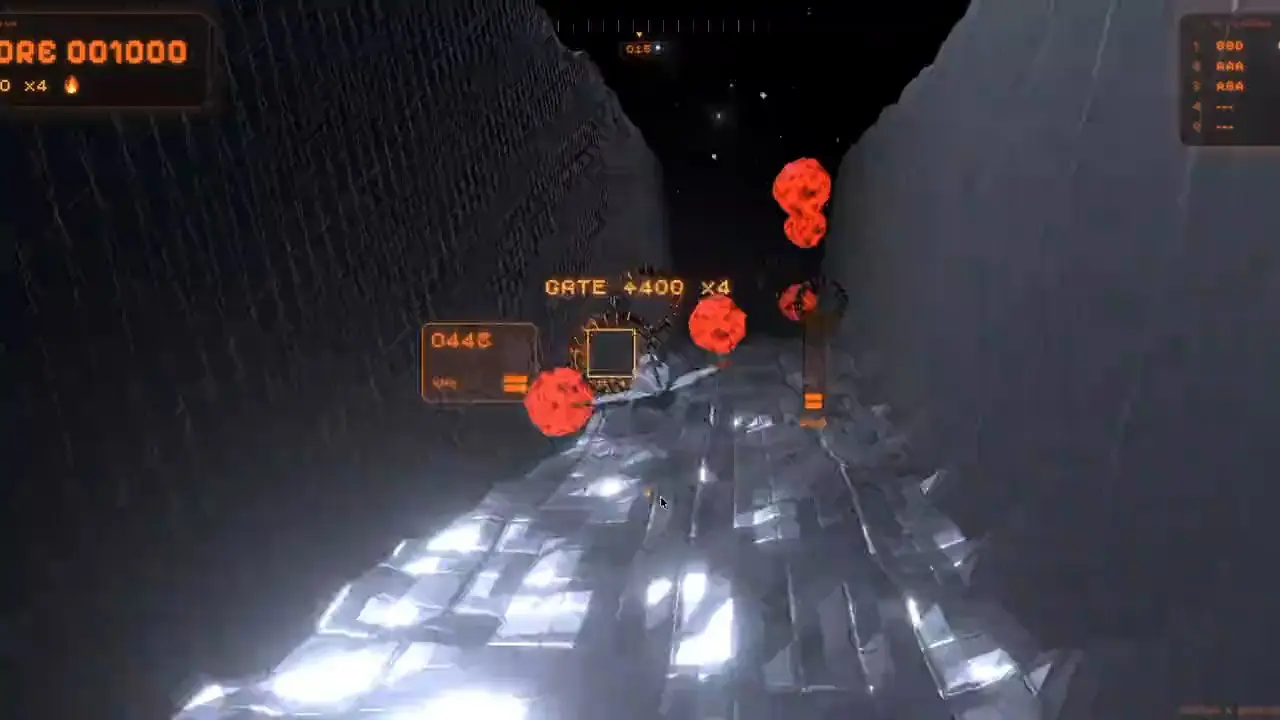 Vuelo en el mundo TRENCH esquivando asteroides y aros dentro de un túnel low-poly