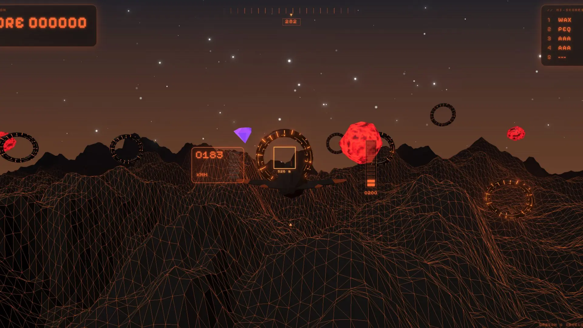 Vuelo en el mundo TRON, terreno wireframe naranja al atardecer con anillos y asteroides