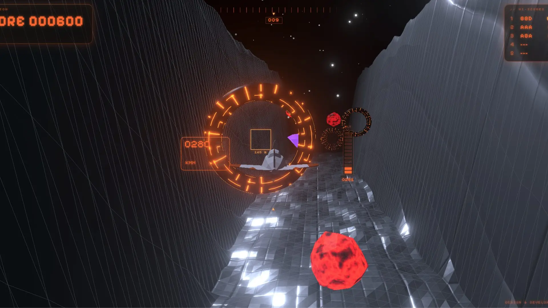 Avioncito esquivando un asteroide rojo dentro del túnel metálico del mundo TRENCH