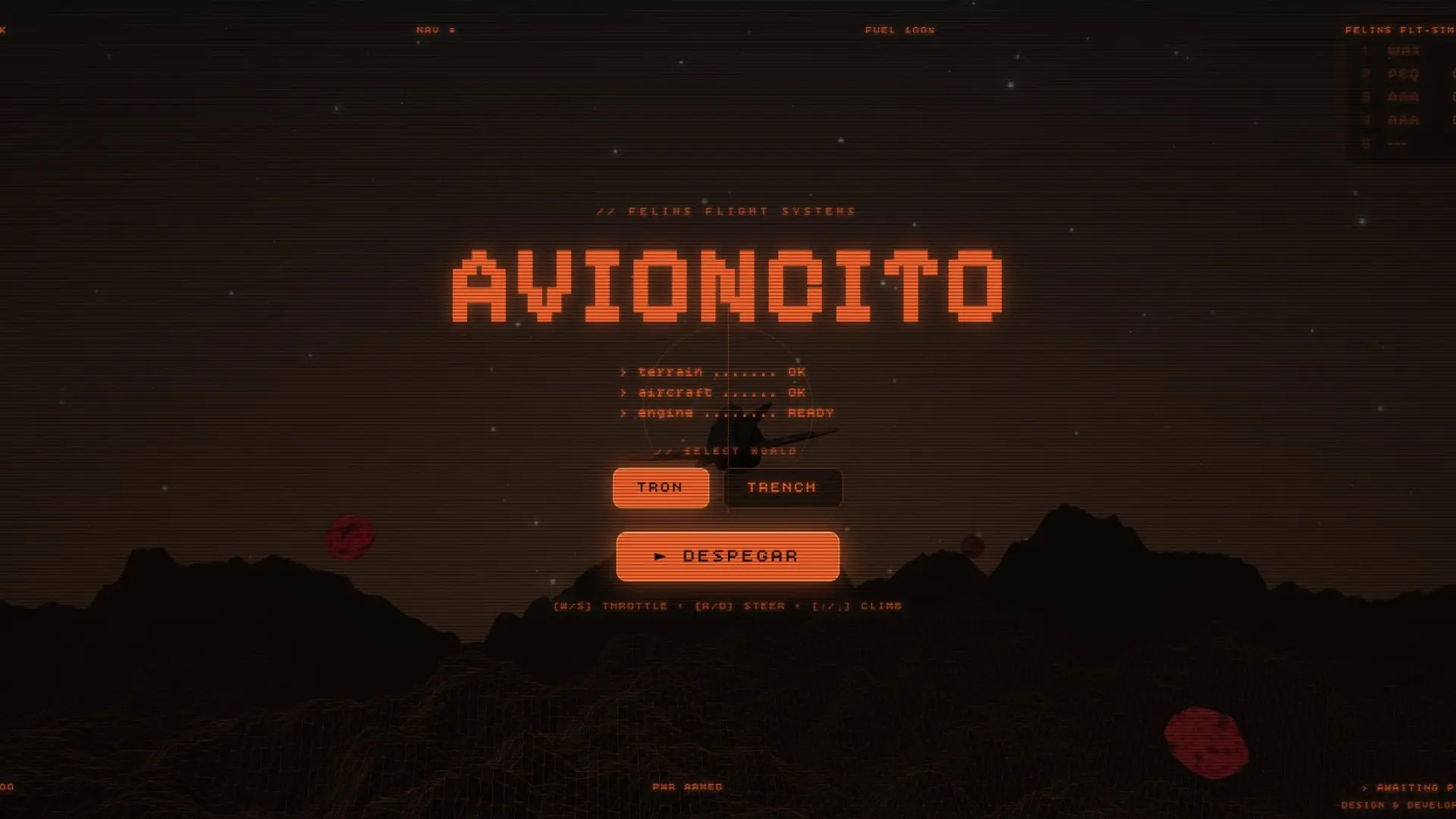 Pantalla de inicio de Avioncito 3D con la selección de mundo TRON