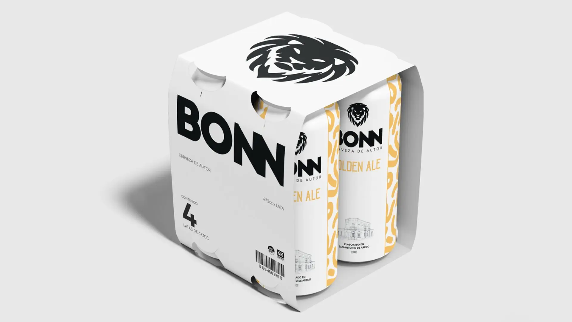 Six pack de latas BONN Golden Ale con el isotipo de león troquelado en la caja