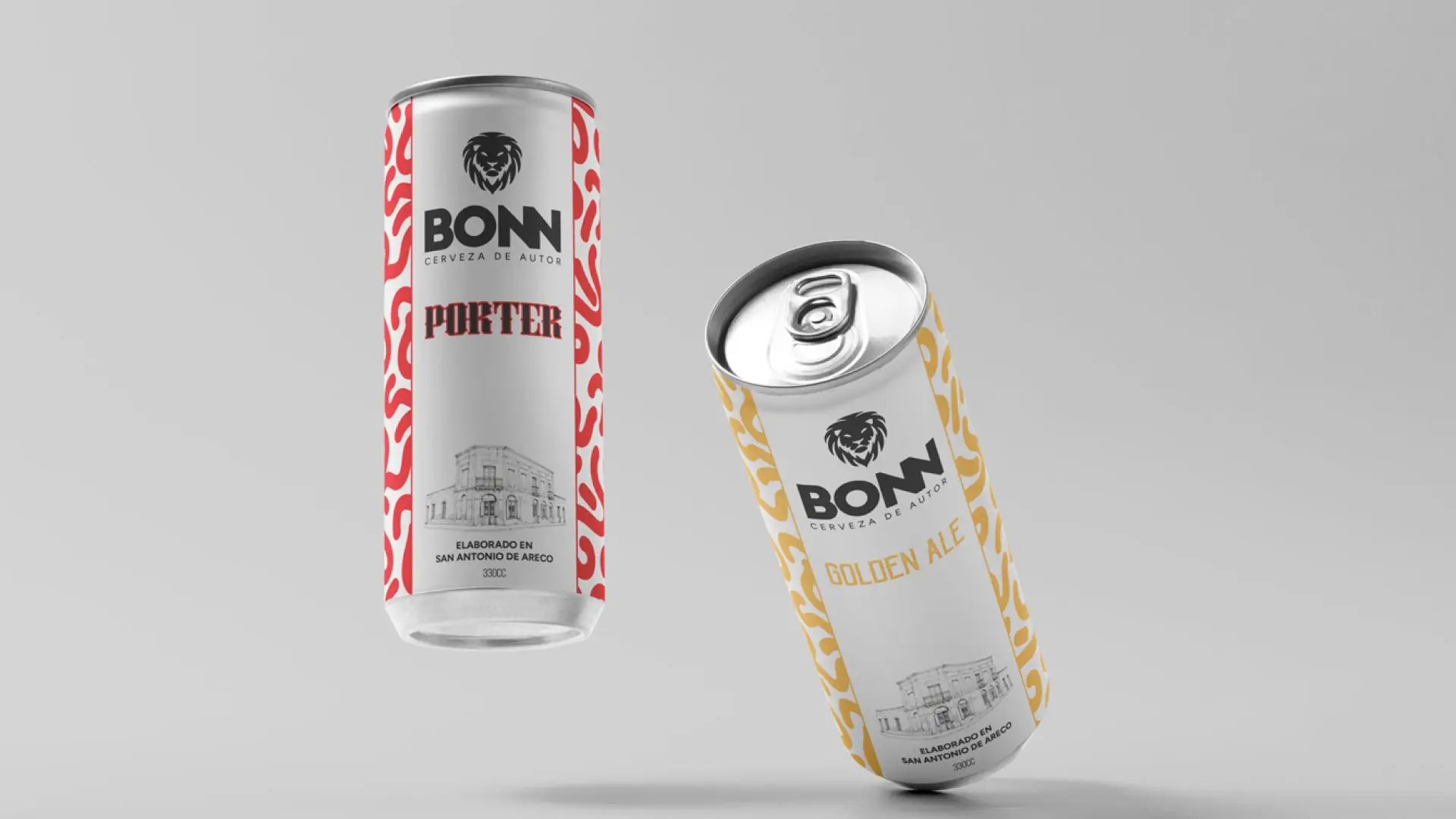 Latas BONN Porter y Golden Ale, con el ilustrado del edificio de San Antonio de Areco
