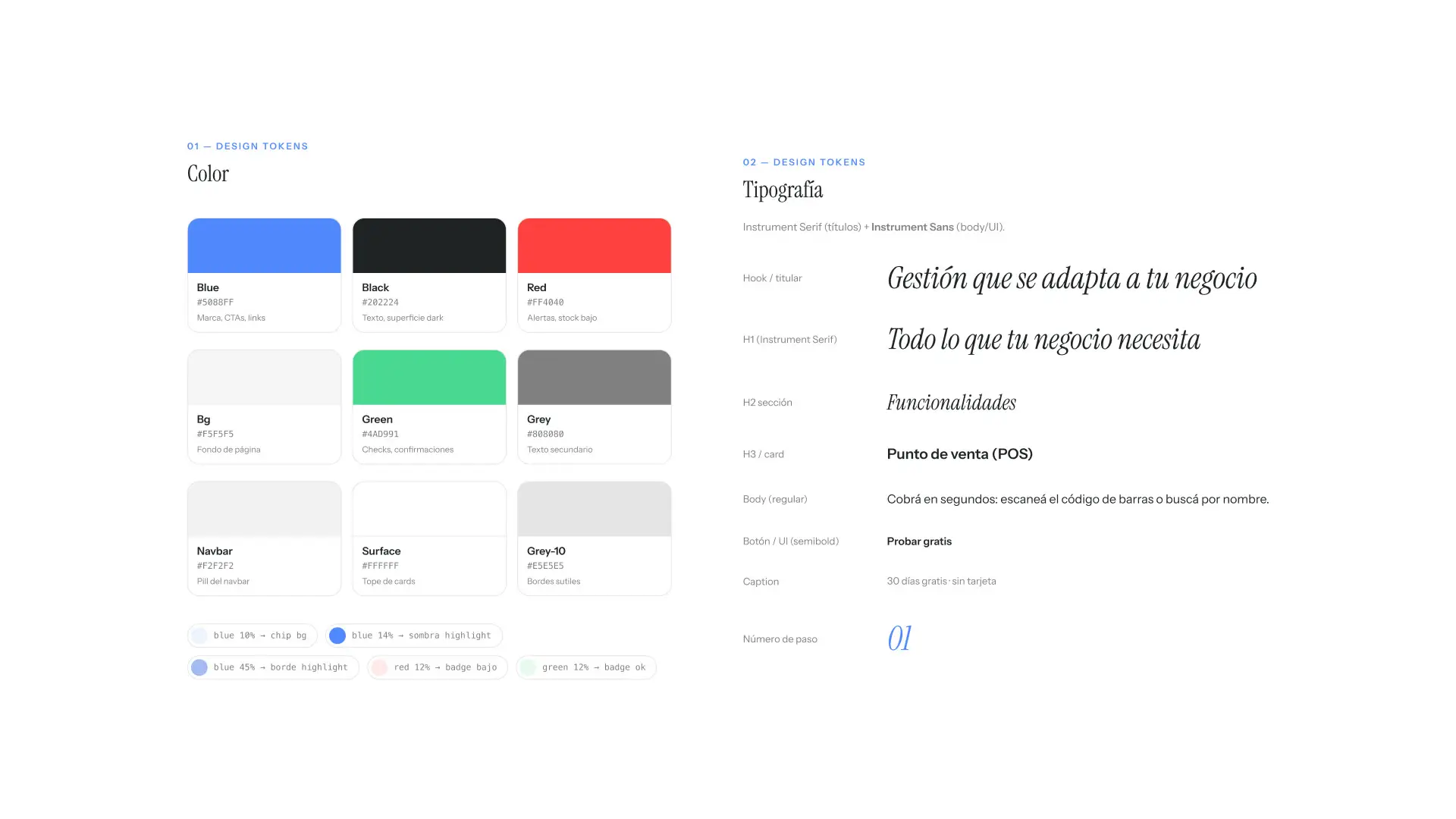 Design tokens del sistema: paleta de color y escala tipográfica en Instrument Serif e Instrument Sans