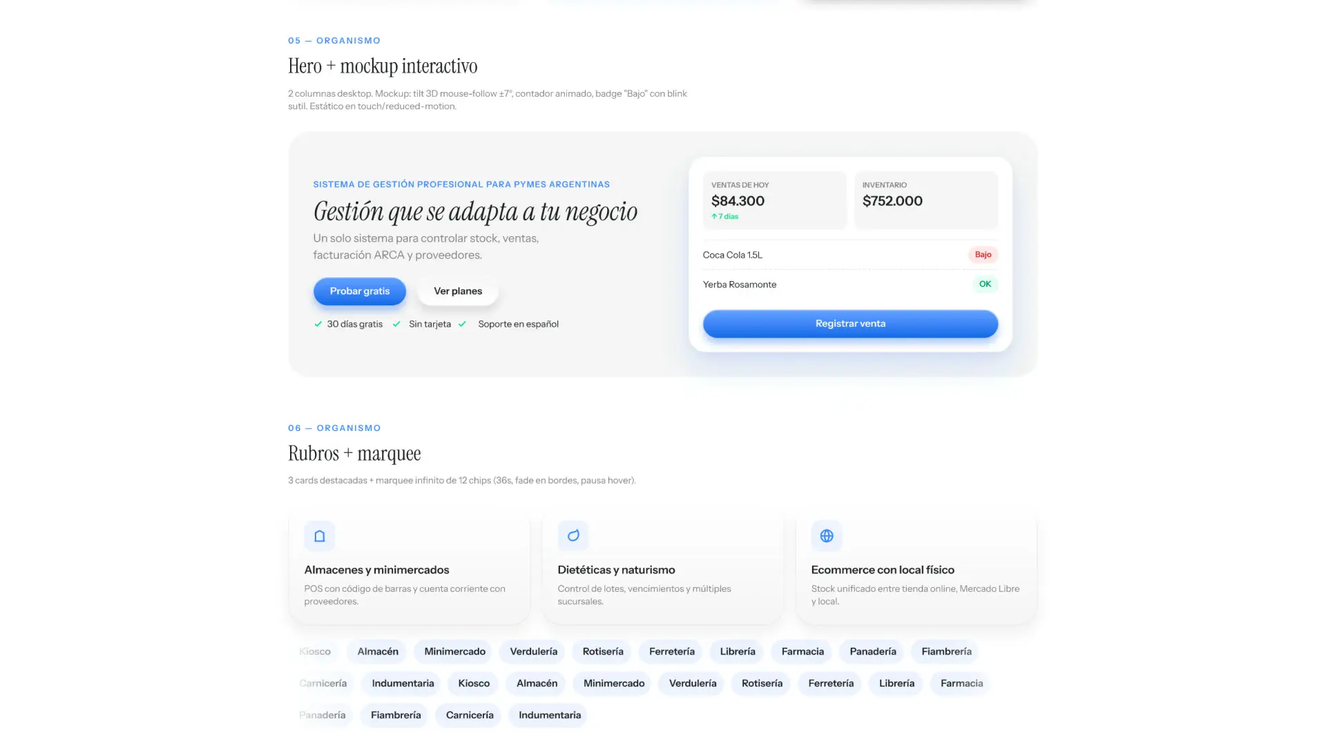 Organismos del sistema: hero con mockup interactivo y sección de rubros con marquee