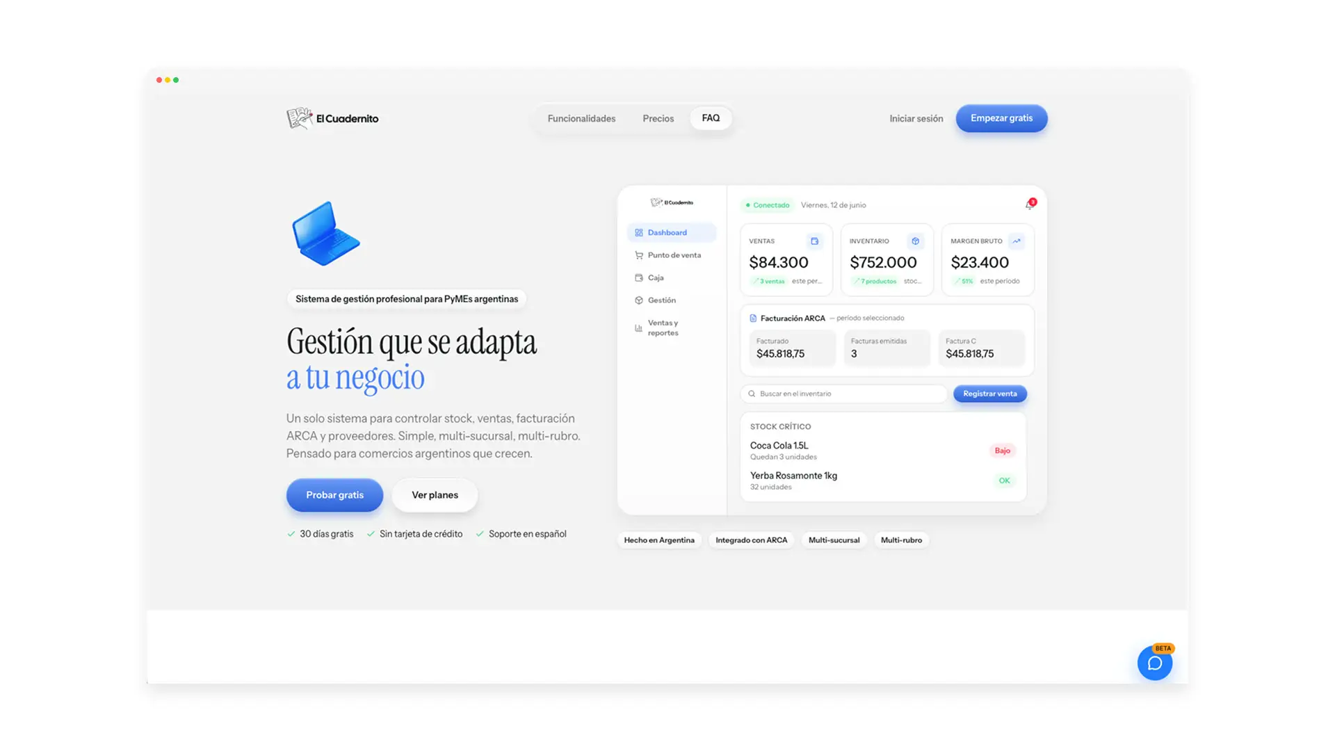 Landing institucional de El Cuadernito: "Gestión que se adapta a tu negocio"