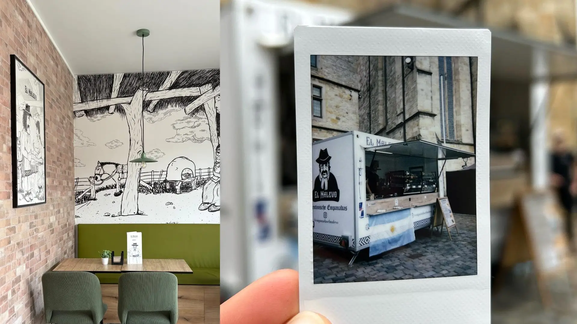 Interior de un local de El Malevo con el mural ilustrado de campo y una polaroid del foodtruck