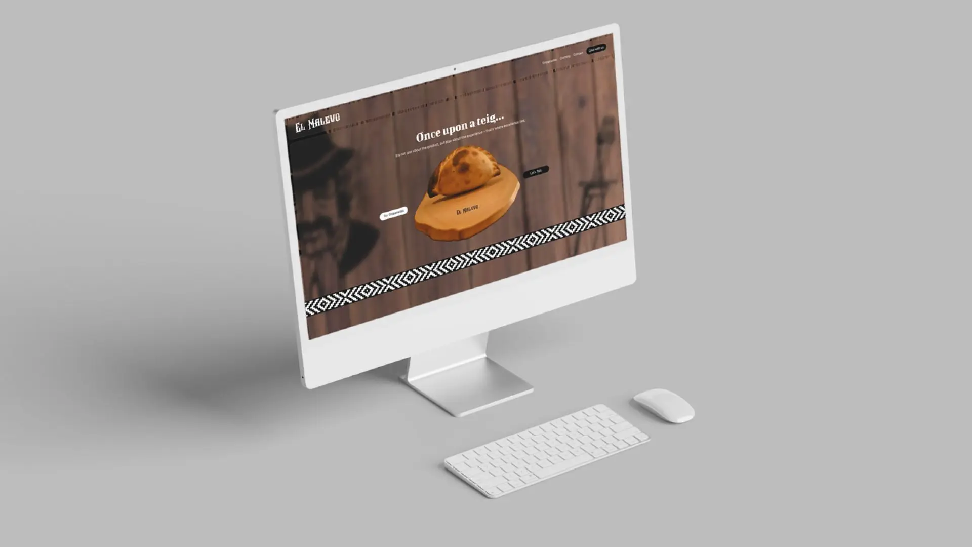 Sitio web de El Malevo en pantalla, con la empanada 3D y el titular "Once upon a teig"