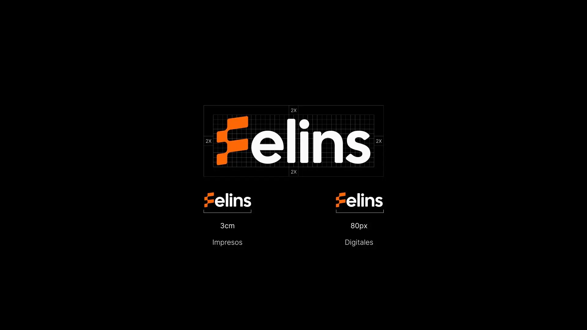 Grilla de construcción del isotipo de Felins y usos mínimos en impresos y digitales