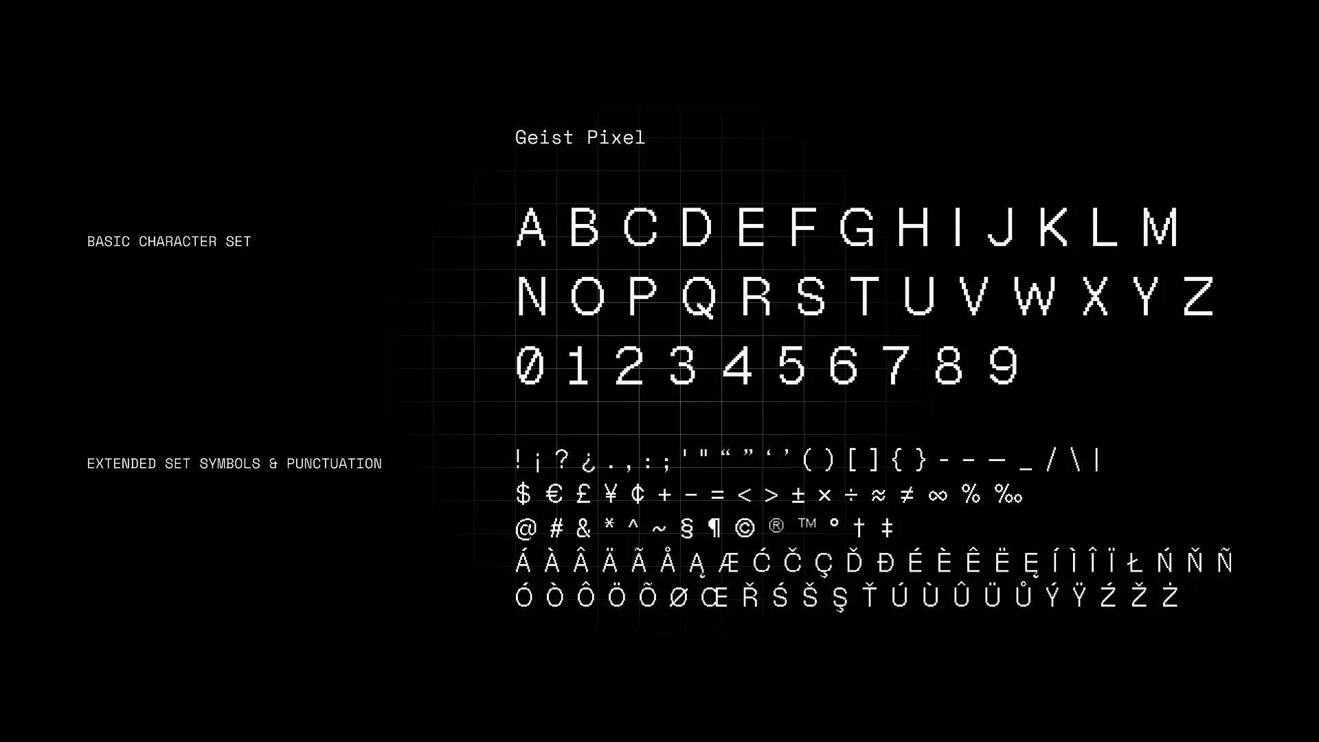 Especimen tipográfico de Geist Pixel, la fuente pixel del sistema