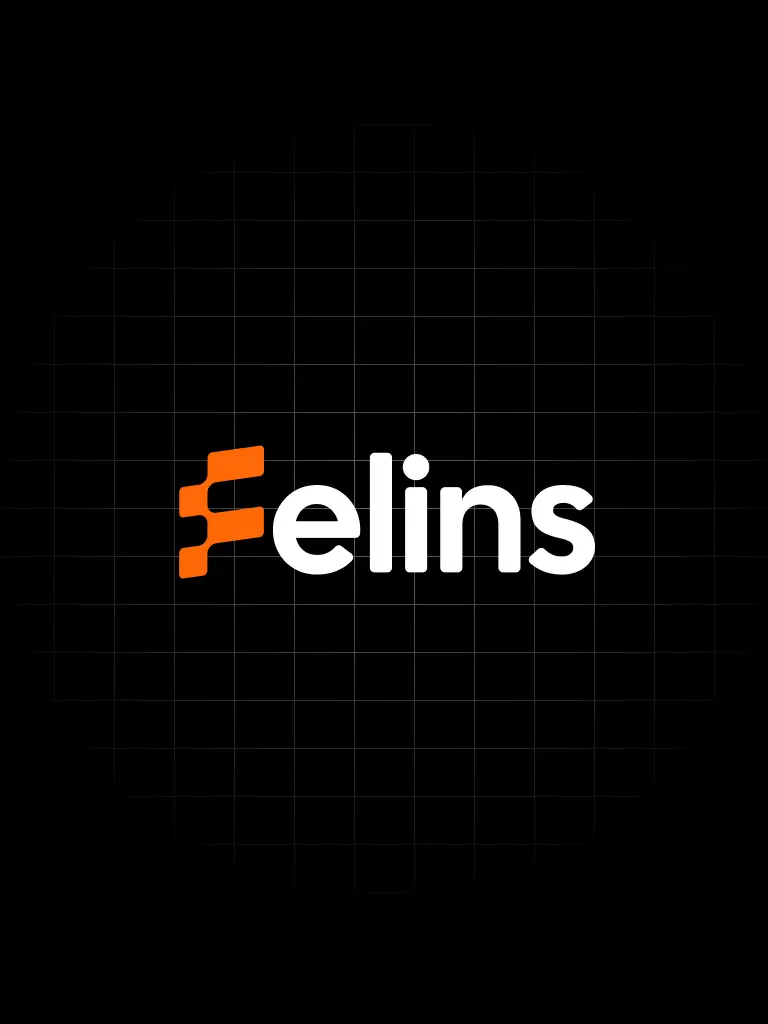 Logo de Felins en blanco y naranja, centrado sobre un fondo negro con grilla