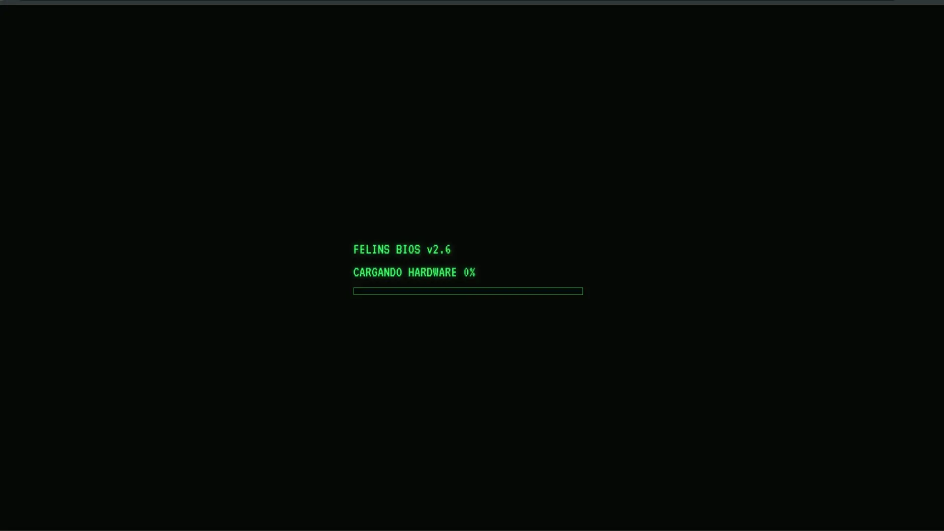Pantalla de arranque de la notebook retro: "FELINS BIOS v2.6, cargando hardware"