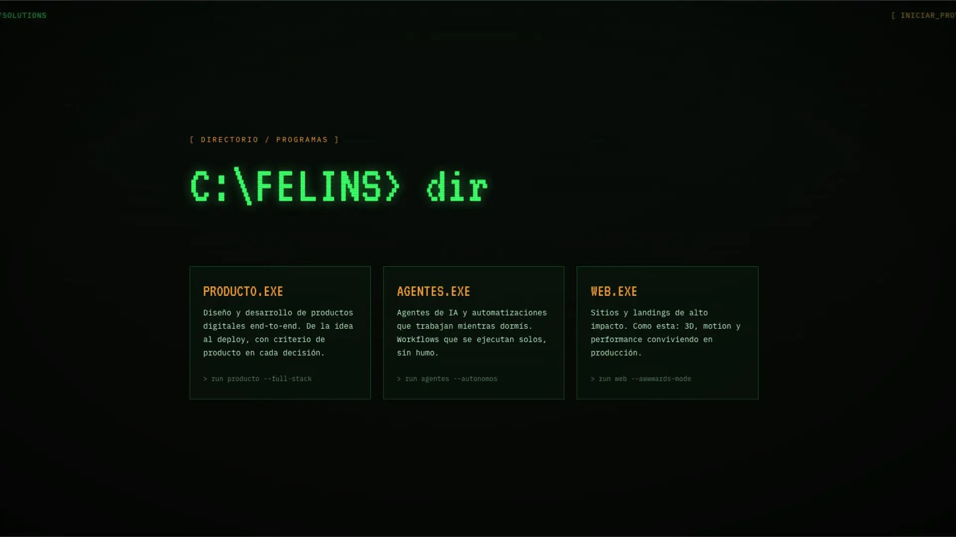 Directorio de servicios "C:\FELINS> dir": producto.exe, agentes.exe y web.exe