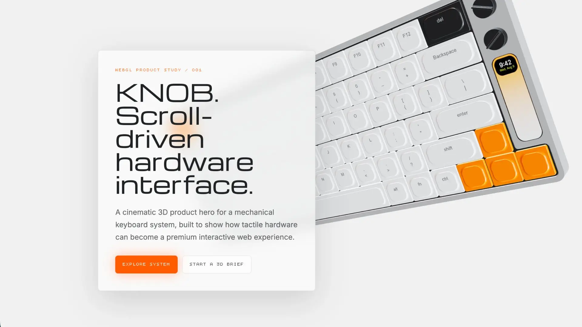 Hero de KNOB 3D: teclado mecánico renderizado en 3D con keycaps naranjas y pantalla OLED
