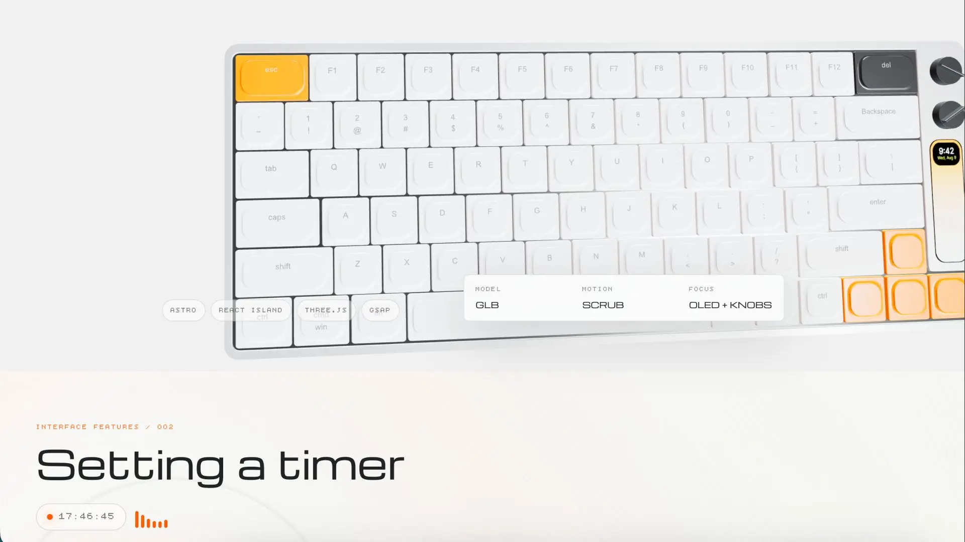 Feature "Setting a timer": secuencia de la pantalla OLED del teclado configurando un timer