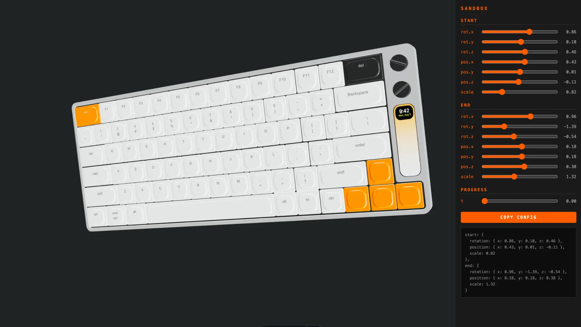 Sandbox de posicionamiento: el teclado 3D junto a los controles de rotación, posición y escala de inicio y fin, con el config listo para copiar