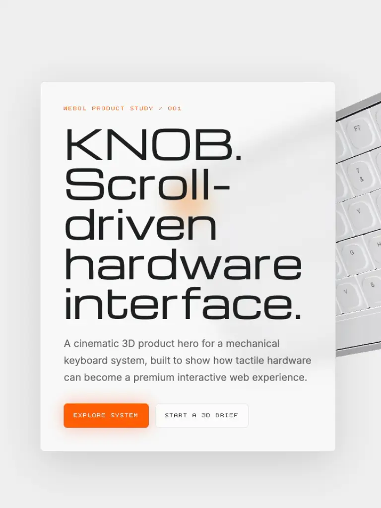 Hero de la landing KNOB 3D: el titular "Scroll-driven hardware interface" junto al teclado mecánico renderizado en 3D